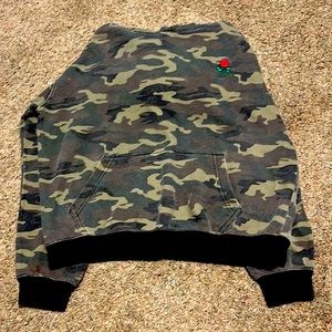 Camo hoodie has a rose in the corner
